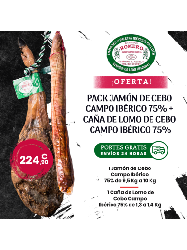 ¡OFERTA! Pack Jamón de Cebo Campo Ibérico 75% + Caña de Lomo de Cebo Campo Ibérico 75% + Portes GRATIS